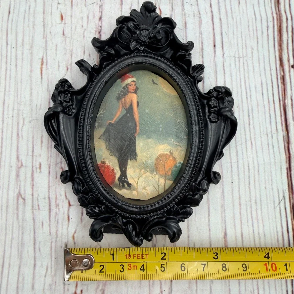 Vintage Pinup Girl Christmas Art Black Ornate Resin Frame Decoupage